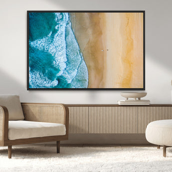 46640-MGV-CV-36X24-Aerial Beach Wall Art – Turquoise Waves and Golden Sand Canvas Print with Lone Surfer, Coastal Ocean Decor for Living Room,