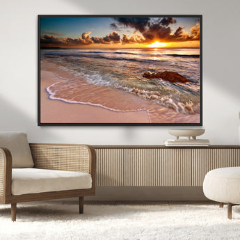38302-MGV-CV-36X24-Sunset Beach Wall Art – Stunning Ocean Waves and Rock Canvas Print, Warm Coastal Decor for Living Room, Bedroom, Office or Beach