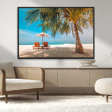 69754-MGV-CV-36X24-Tropical Beach Wall Art – Relaxing Palm Tree and Lounge Chairs Canvas Print, Serene Coastal Decor for Living Room, Bedroom, Office