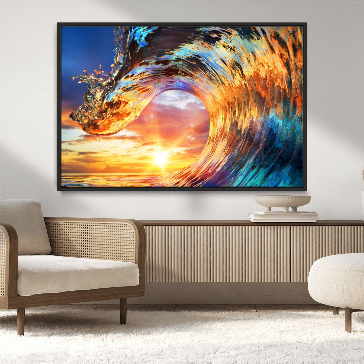 52890-MGV-CV-36X24-Surfing Wave Wall Art Canvas Print, Framed Sunset Ocean Art Picture Print, Ocean Wave Perfect Nautical Decor Artwork