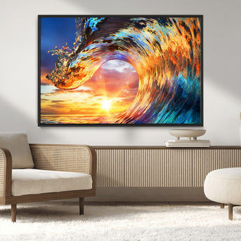 52890-MGV-CV-36X24-Surfing Wave Wall Art Canvas Print, Framed Sunset Ocean Art Picture Print, Ocean Wave Perfect Nautical Decor Artwork