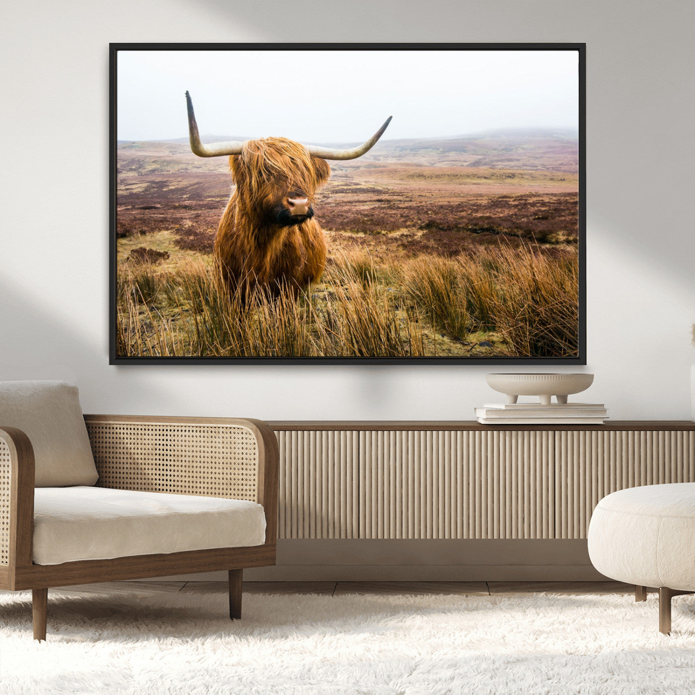 79391-MGV-CV-36X24-Majestic Highland Cow in Misty Scottish Moorland – Rustic Natural Charm, Perfect for Unique Home or Office Decor