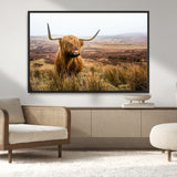 79391-MGV-CV-36X24-Majestic Highland Cow in Misty Scottish Moorland – Rustic Natural Charm, Perfect for Unique Home or Office Decor