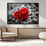 84671-MGV-CV-36X24-Red Rose Wall Art – Vibrant Single Bloom Canvas Print with Black and White Background, Elegant Floral Decor for Living Room,
