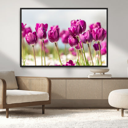 30632-MGV-CV-36X24-Purple Tulip Field Wall Art – Beautiful Spring Flowers Canvas Print with Soft Focus and Bright Sky, Ideal Floral Decor for Home or