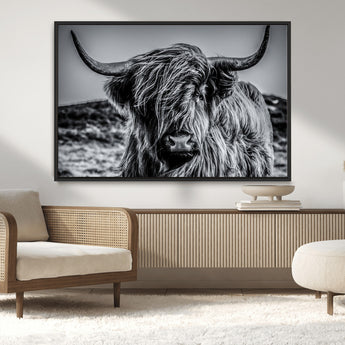97372-MGV-CV-36X24-Elegant Highland Cow Wall Art – Black and White Canvas Print, Rustic Nature Decor for Home, Office, Living Room or Man Cave
