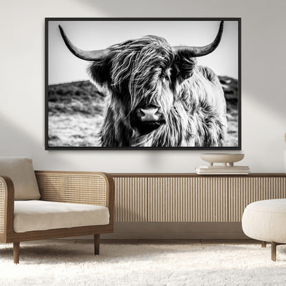 36979-MGV-CV-36X24-Striking black-and-white portrait of a Highland cow with flowing fur and majestic horns, perfect for rustic and elegant home or