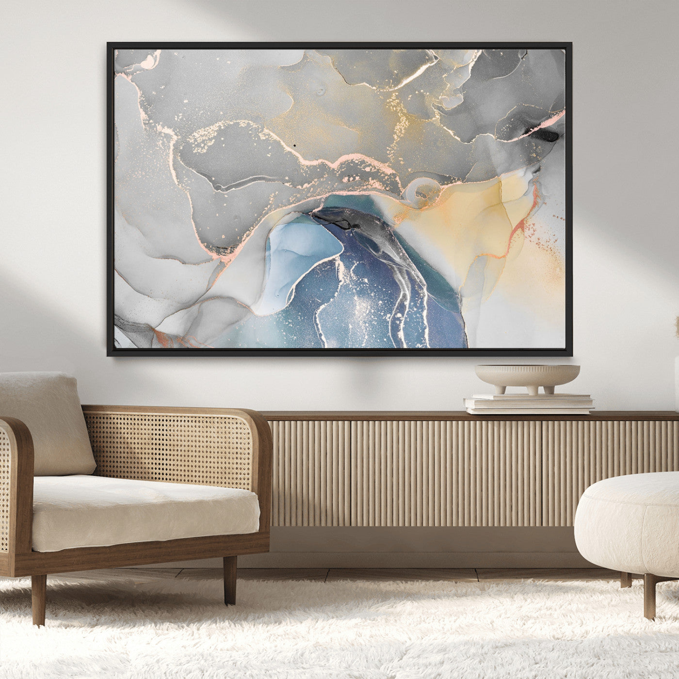 63211-MGV-CV-36X24-Abstract Fluid Art Wall Decor – Blue, Gray & Gold Canvas Print, Modern Home and Office Wall Art Decor for Living Room, Bedroom or