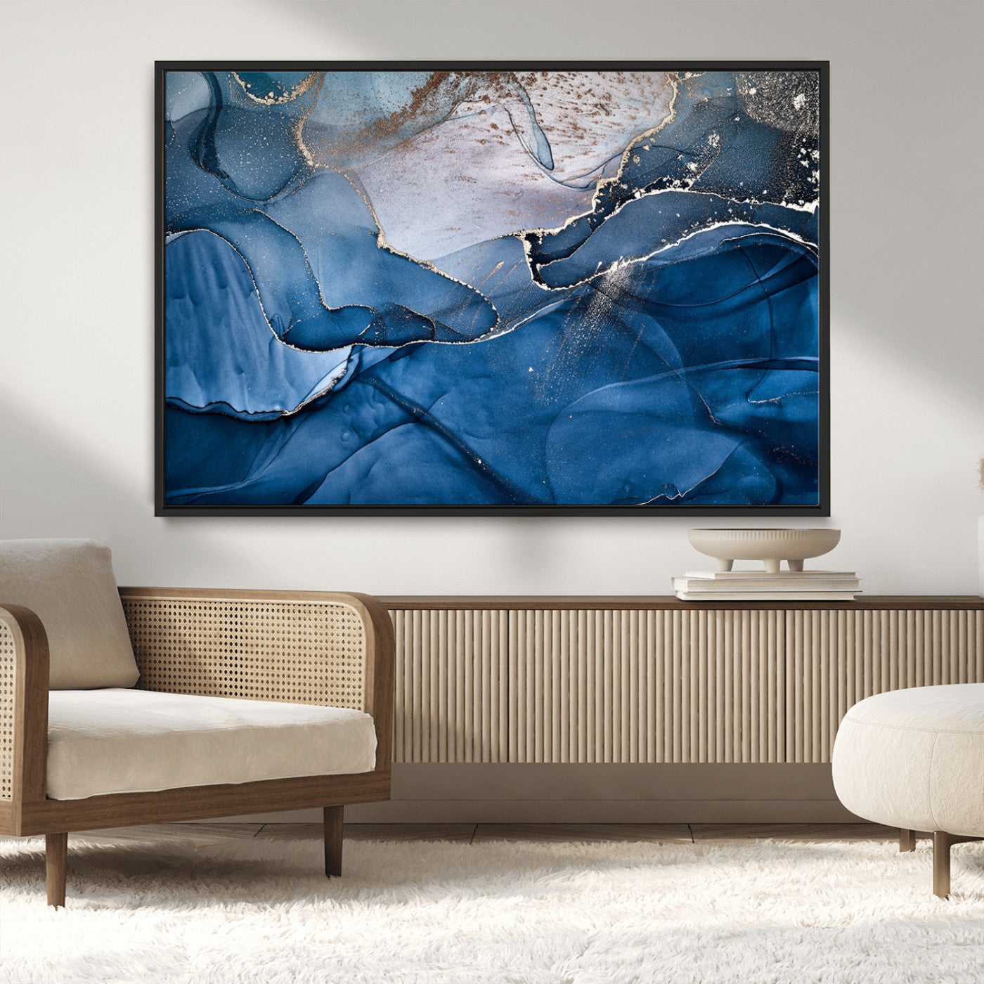 27810-MGV-CV-36X24-Abstract Blue Gold Fluid Art Wall – Modern Canvas Print, Elegant Home & Office Wall Art, Stylish Living Room or Bedroom Decor