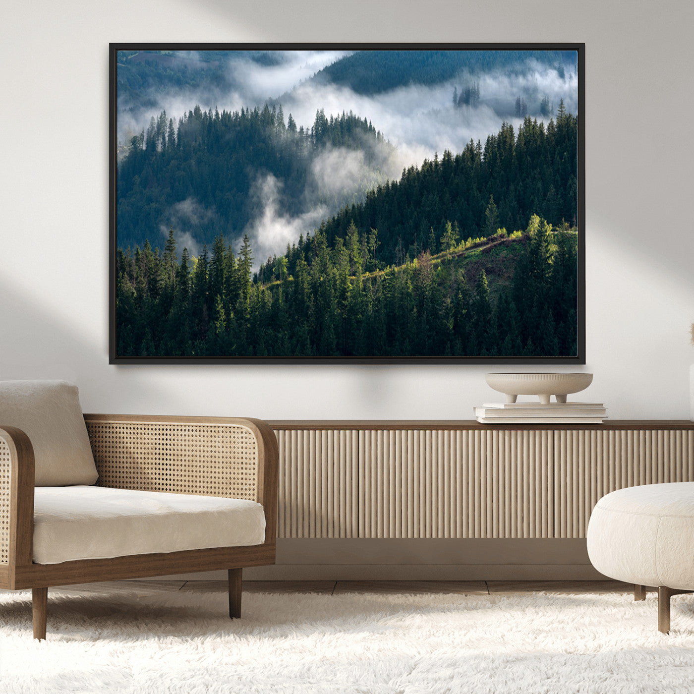 55972-MGV-CV-36X24-Whispering Pines Wall Art – Panoramic Misty Forest Canvas Print, Serene Nature Decor for Home, Office or Cabin Retreat