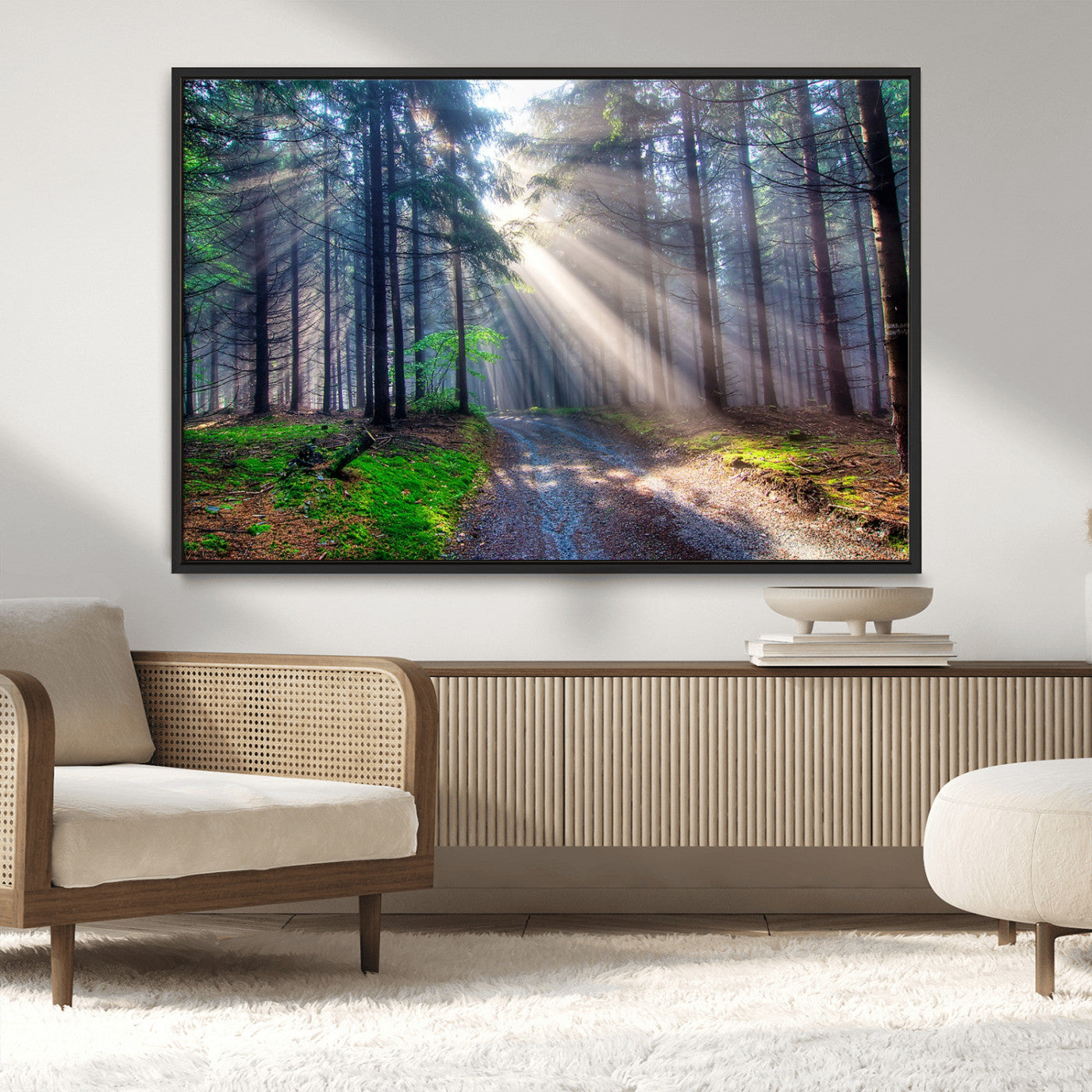 42047-MGV-CV-36X24-Sunlit Forest Path Wall Art – Nature Canvas Print, Serene Woodland Landscape, Perfect Home & Office Decor for Calm and Tranquil