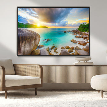 23769-MGV-CV-36X24-Tropical Beach Sunset Wall Art – Ocean Waves and Rocky Shore Canvas Print, Coastal Seascape Photography Decor