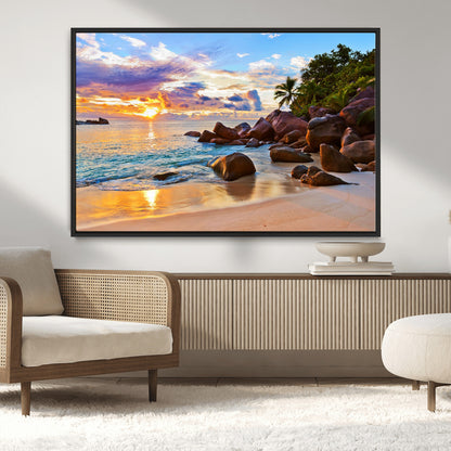 43209-MGV-CV-36X24-Tropical Beach Sunset Wall Art – Golden Ocean Waves and Palm Trees with Rocky Shore Canvas Print, Coastal Seascape Decor for