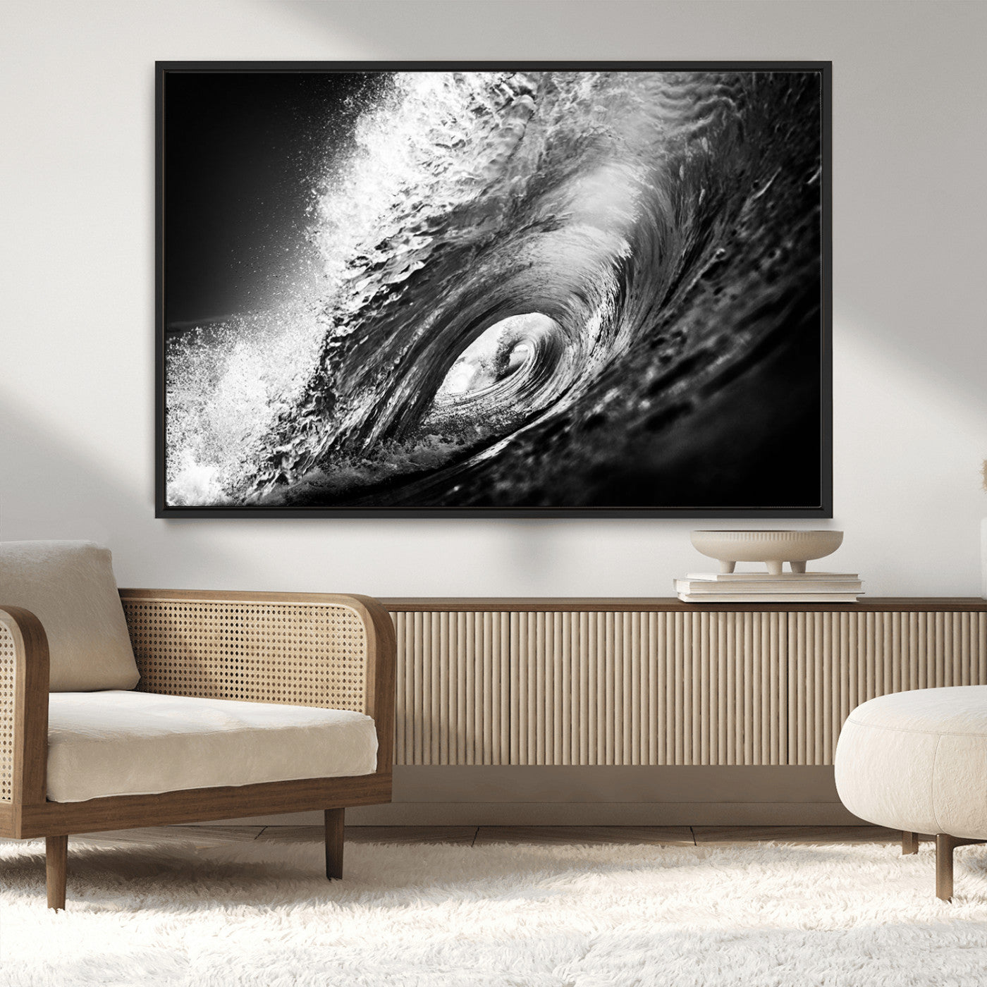 22702-MGV-CV-36X24-Black and White Ocean Wave Wall Art – Powerful Surf Curl Photography Canvas Print, Modern Coastal Decor for Living Room, Office or