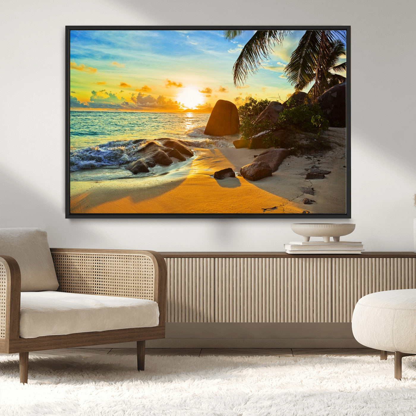 26181-MGV-CV-36X24-Golden Tropical Sunset Beach Wall Art – Ocean Canvas Print with Palm Trees and Rocks, Coastal Paradise Decor for Living Room or