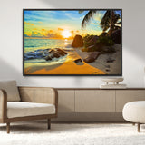 26181-MGV-CV-36X24-Golden Tropical Sunset Beach Wall Art – Ocean Canvas Print with Palm Trees and Rocks, Coastal Paradise Decor for Living Room or