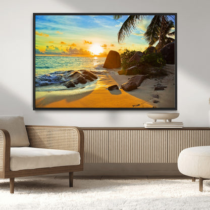 26181-MGV-CV-36X24-Golden Tropical Sunset Beach Wall Art – Ocean Canvas Print with Palm Trees and Rocks, Coastal Paradise Decor for Living Room or