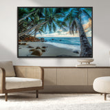 39679-MGV-CV-36X24-Tropical Palm Beach Wall Art – Serene Ocean Canvas Print with Palm Trees and Rocks, Coastal Paradise Decor for Living Room or