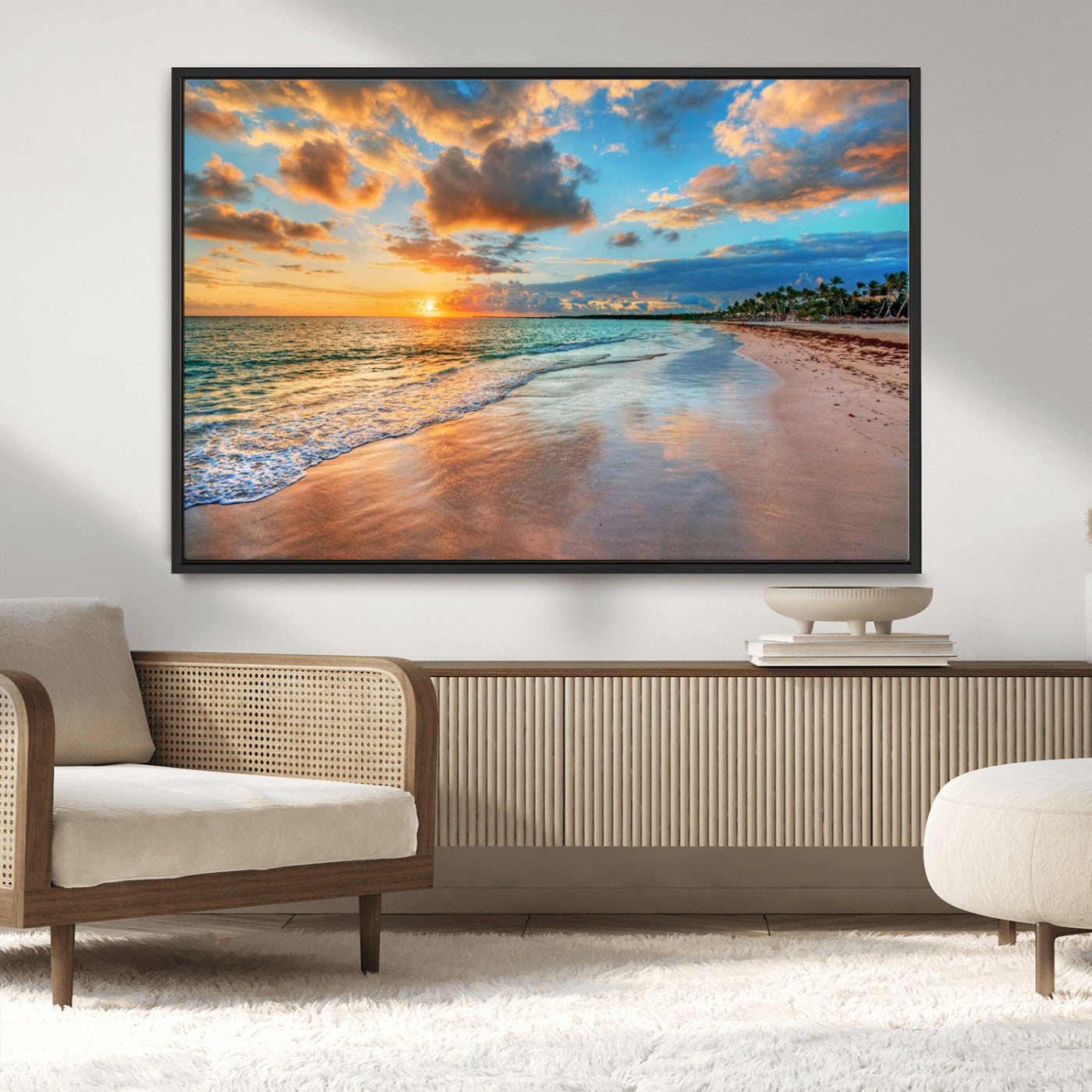 41572-MGV-CV-36X24-Sunset Beach Wall Art – Ocean Waves and Palm Trees Canvas Print, Tropical Coastal Sunset Seascape Decor for Living Room, Bedroom