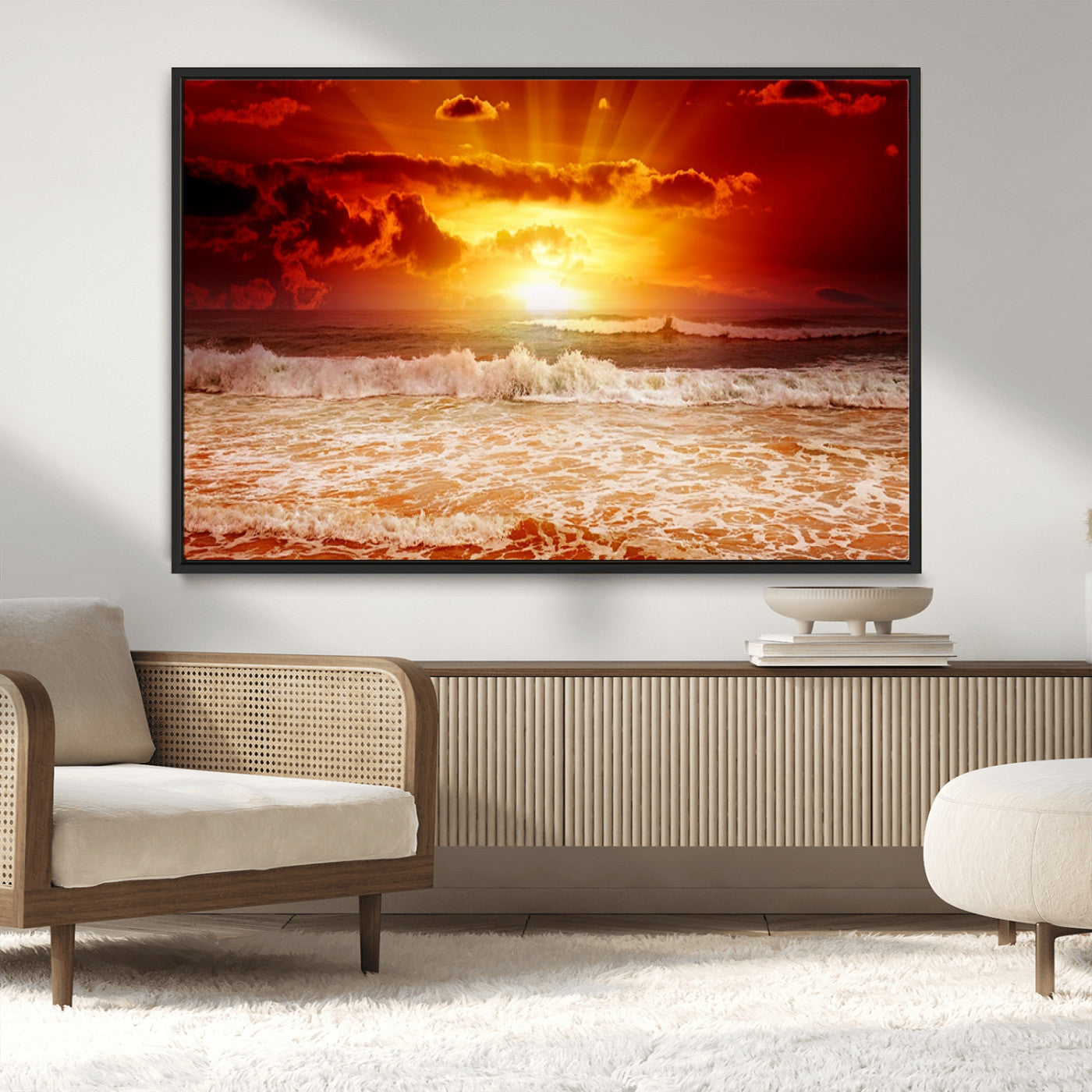 60211-MGV-CV-36X24-Fiery Sunset Ocean Wall Art – Red Sky Seascape Canvas Print with Waves, Bold Coastal Sunset Decor for Living Room or Bedroom