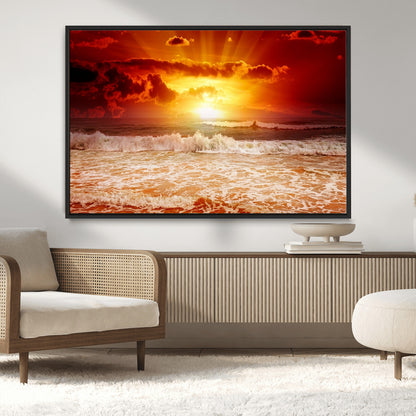 60211-MGV-CV-36X24-Fiery Sunset Ocean Wall Art – Red Sky Seascape Canvas Print with Waves, Bold Coastal Sunset Decor for Living Room or Bedroom
