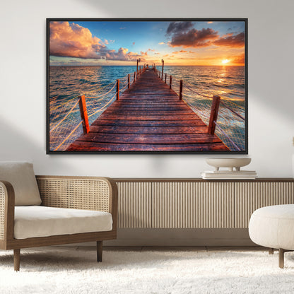 28836-MGV-CV-36X24-Ocean Pier Sunset Wall Art – Wooden Dock and Golden Horizon Canvas Print, Coastal Seascape Photography for Living Room, Bedroom,