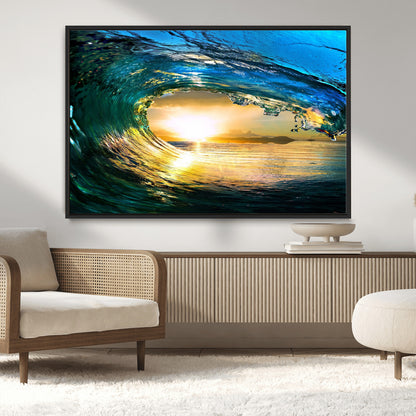 19378-MGV-CV-36X24-Ocean Wave Sunset Wall Art – Vibrant Surf and Golden Horizon Canvas Print, Coastal Seascape Photography for Living Room, Bedroom,