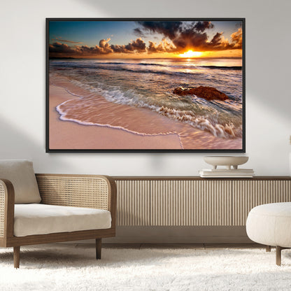 80979-MGV-CV-36X24-Golden Sunrise Beach Wall Art – Ocean Waves and Sandy Shore Canvas Print, Coastal Sunset Photography Artwork for Living Room,