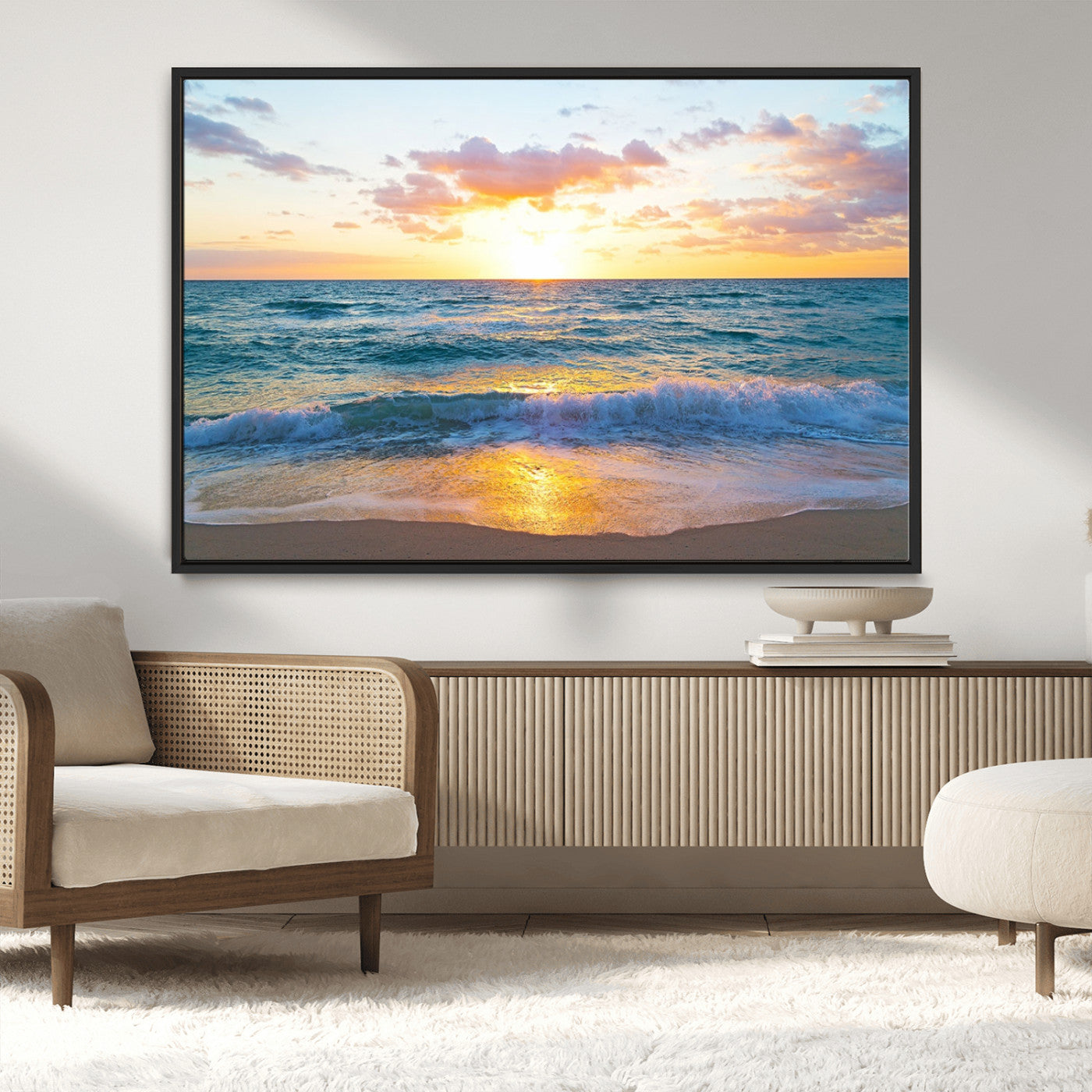 78006-MGV-CV-36X24-Golden Sunrise Ocean Wall Art – Panoramic Beach Waves Canvas Print, Coastal Seascape Artwork for Living Room, Bedroom, Office, or