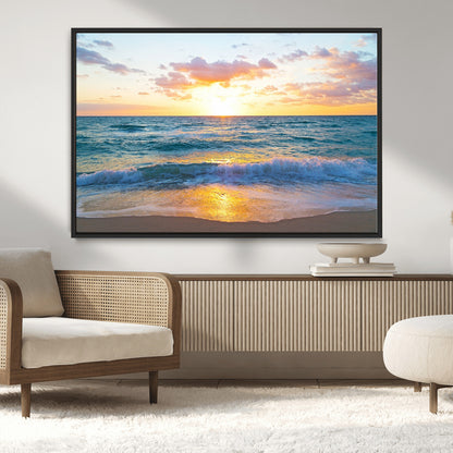 78006-MGV-CV-36X24-Golden Sunrise Ocean Wall Art – Panoramic Beach Waves Canvas Print, Coastal Seascape Artwork for Living Room, Bedroom, Office, or