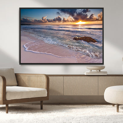 94906-MGV-CV-36X24-Sunrise Beach Wall Art – Panoramic Ocean Waves Canvas Print, Coastal Sunset Seascape Artwork for Living Room, Bedroom, or Office