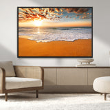 15399-MGV-CV-36X24-Golden Sunrise Beach Wall Art – Ocean Waves on Sandy Shore Canvas Print, Coastal Seascape Decor for Living Room or Bedroom