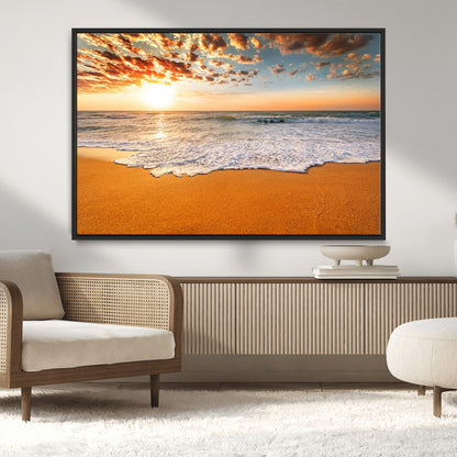 15399-MGV-CV-36X24-Golden Sunrise Beach Wall Art – Ocean Waves on Sandy Shore Canvas Print, Coastal Seascape Decor for Living Room or Bedroom