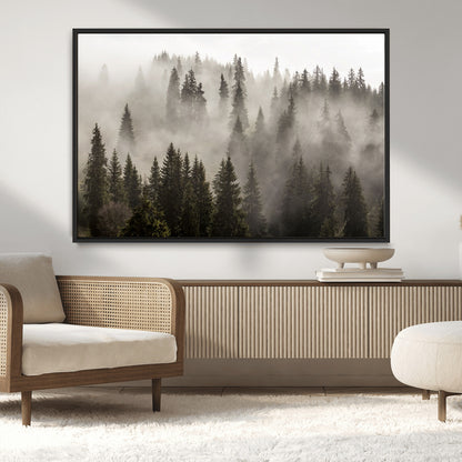62862-MGV-CV-36X24-Misty Forest Wall Art – Tranquil Pine Tree Canvas Print with Mountain Fog, Nature Landscape Artwork for Living Room, Bedroom, or