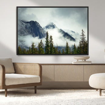 93219-MGV-CV-36X24-Misty Mountain Wall Art – Foggy Pines and Rocky Peaks Canvas Print, Nature Landscape Decor for Living Room, Office or Bedroom