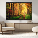 73494-MGV-CV-36X24-Golden Autumn Forest Path Wall Art – Sunlit Woodland Canvas Print, Fall Nature Landscape Home Decor