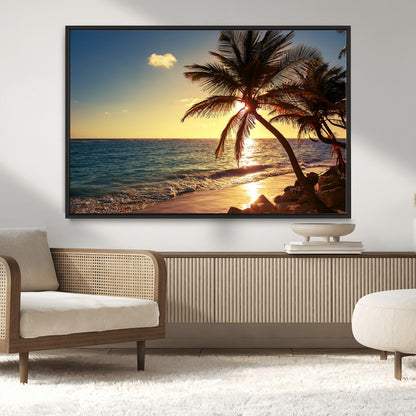 82710-MGV-CV-36X24-Palm Tree Sunset Beach Wall Art – Tropical Ocean Canvas Print, Coastal Paradise Seascape Decor for Living Room or Office Wall