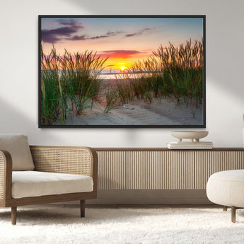 25576-MGV-CV-36X24-Beach Grass Sunset Wall Art – Coastal Sand Dune Landscape Canvas Print, Ocean View Nature Decor for Living Room or Office Wall