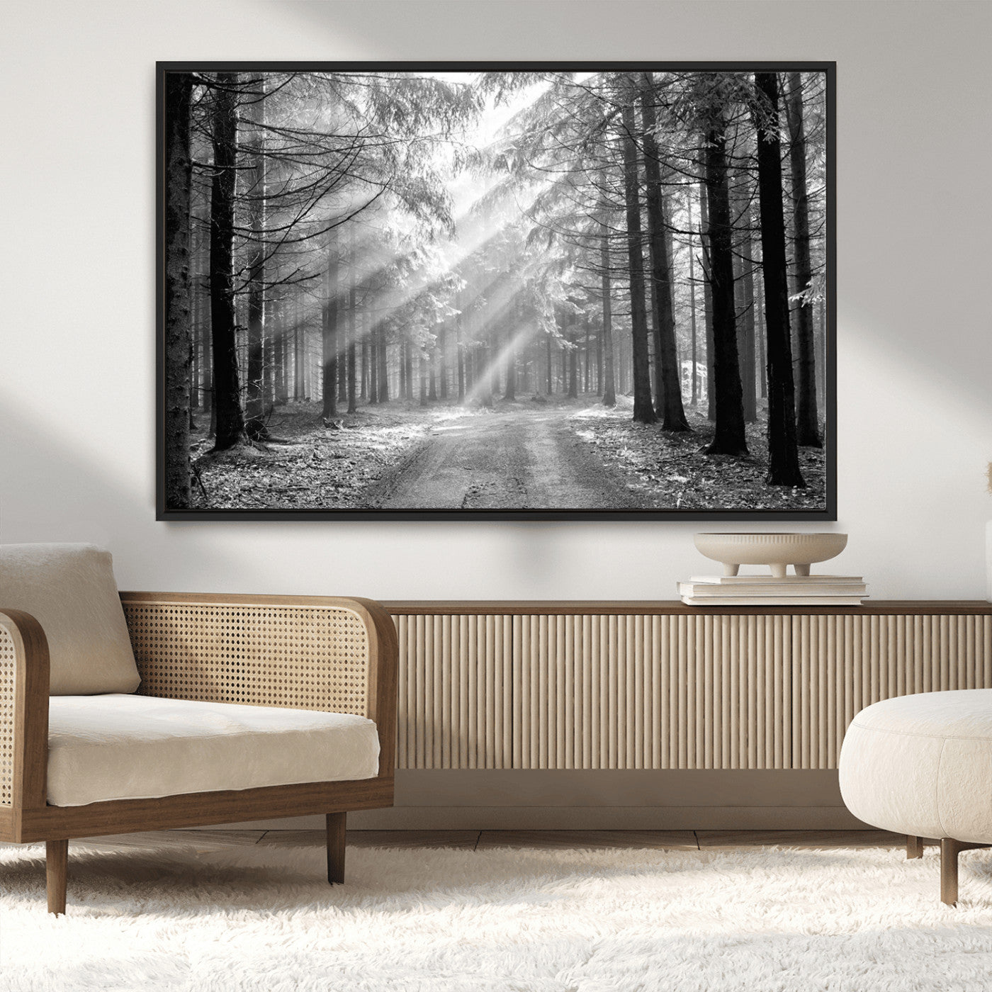 39665-MGV-CV-36X24-Black and White Forest Path Wall Art – Sunlight Rays in Trees Canvas Print, Nature Landscape Decor for Living Room