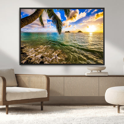 68606-MGV-CV-36X24-Tropical Palm Tree Ocean Wall Art – Sunset Beach Seascape Print, Coastal Paradise Decor for Living Room or Office