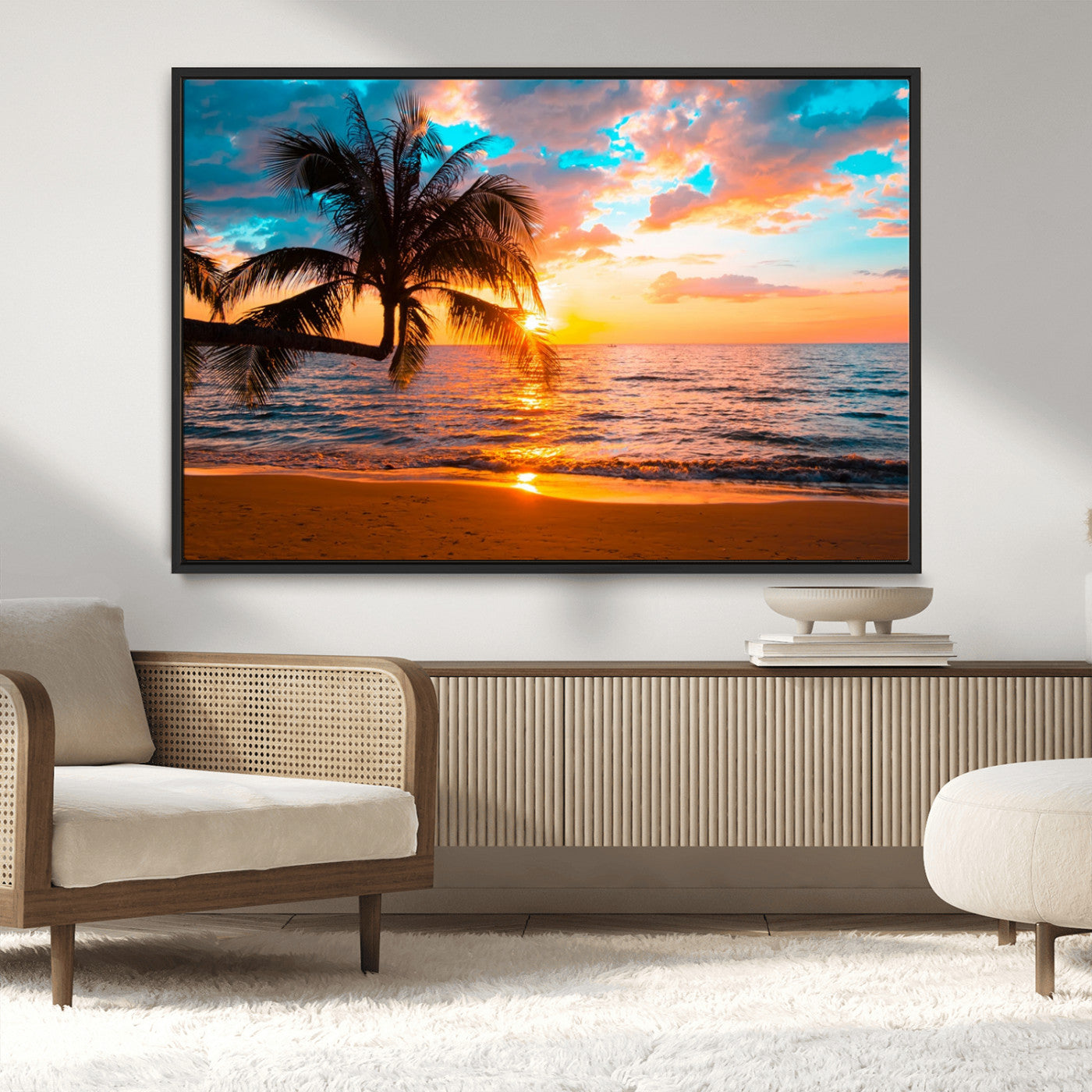 34674-MGV-CV-36X24-Tropical Sunset Beach Wall Art – Palm Tree Ocean Canvas Print, Coastal Seascape Decor for Living Room or Office Wall