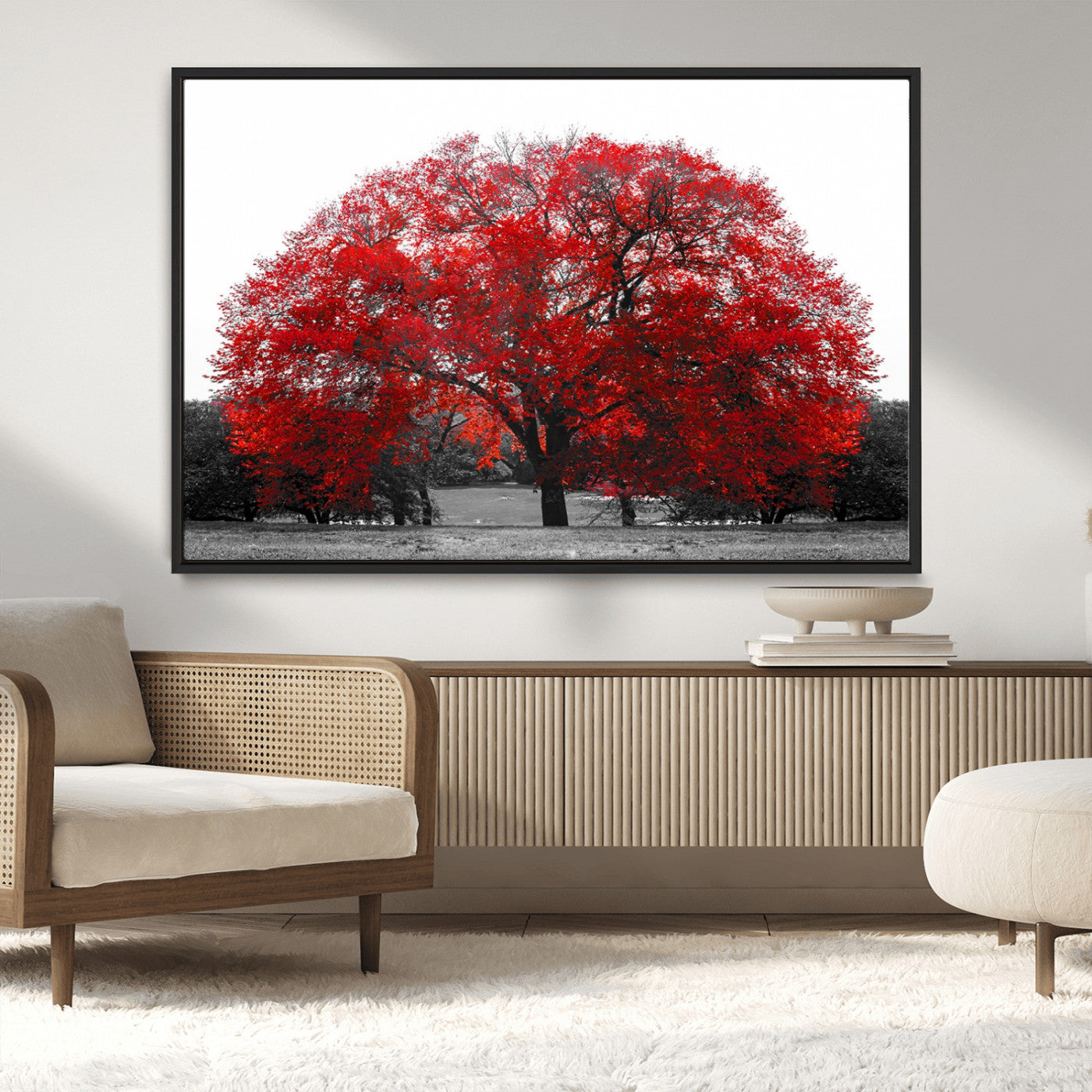 80021-MGV-CV-36X24-Red Tree Wall Art – Striking Black and White Landscape Canvas Print with Vibrant Red Leaves, Modern Nature Decor for Living Room