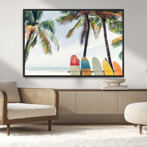 76171-MGV-CV-36X24-Surfboard Wall Art – Tropical Palm Tree and Colorful Surfboards Beach Canvas Print, Coastal Summer Decor for Living Room, Office