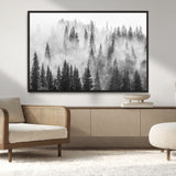 10422-MGV-CV-36X24-Misty Pine Forest Wall Art – Black and White Foggy Landscape Canvas Print, Serene Nature Woodland Decor for Bedroom, Office or