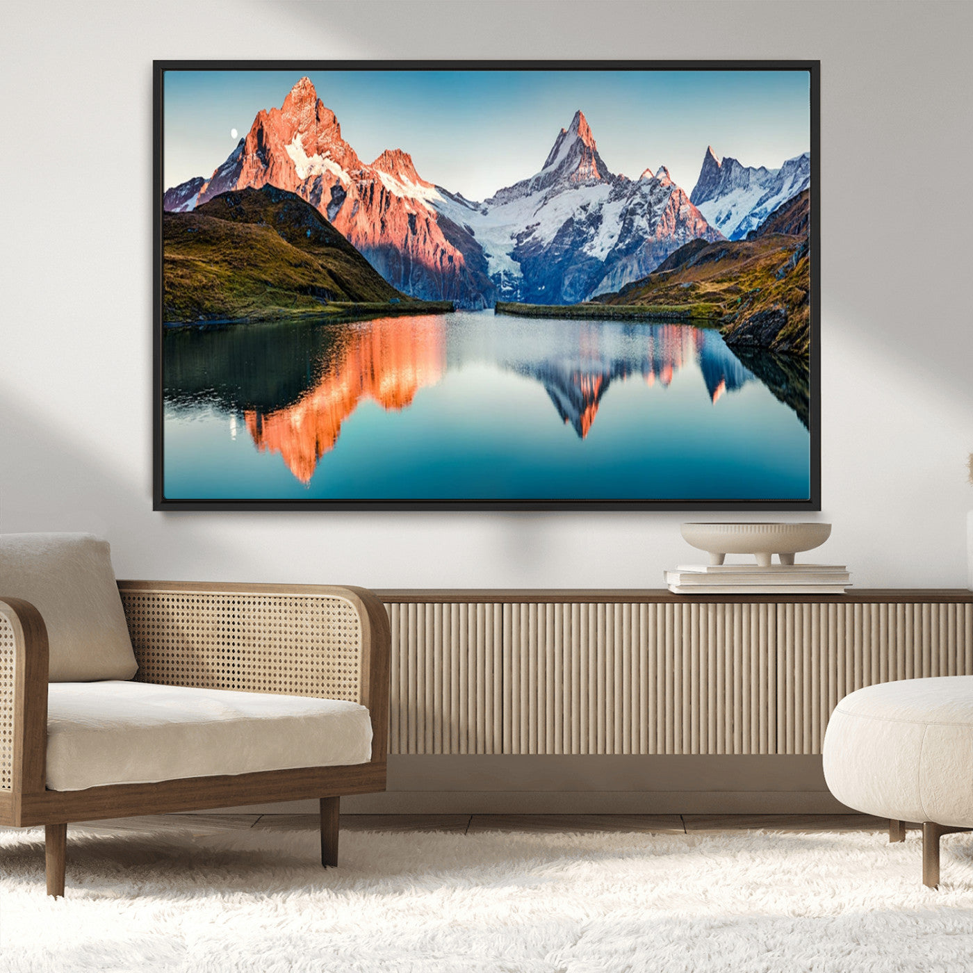 88453-MGV-CV-36X24-Mountain Lake Wall Art – Snow-Capped Peaks Reflected in Alpine Water Canvas Print, Nature Landscape Wall Decor for Living Room or