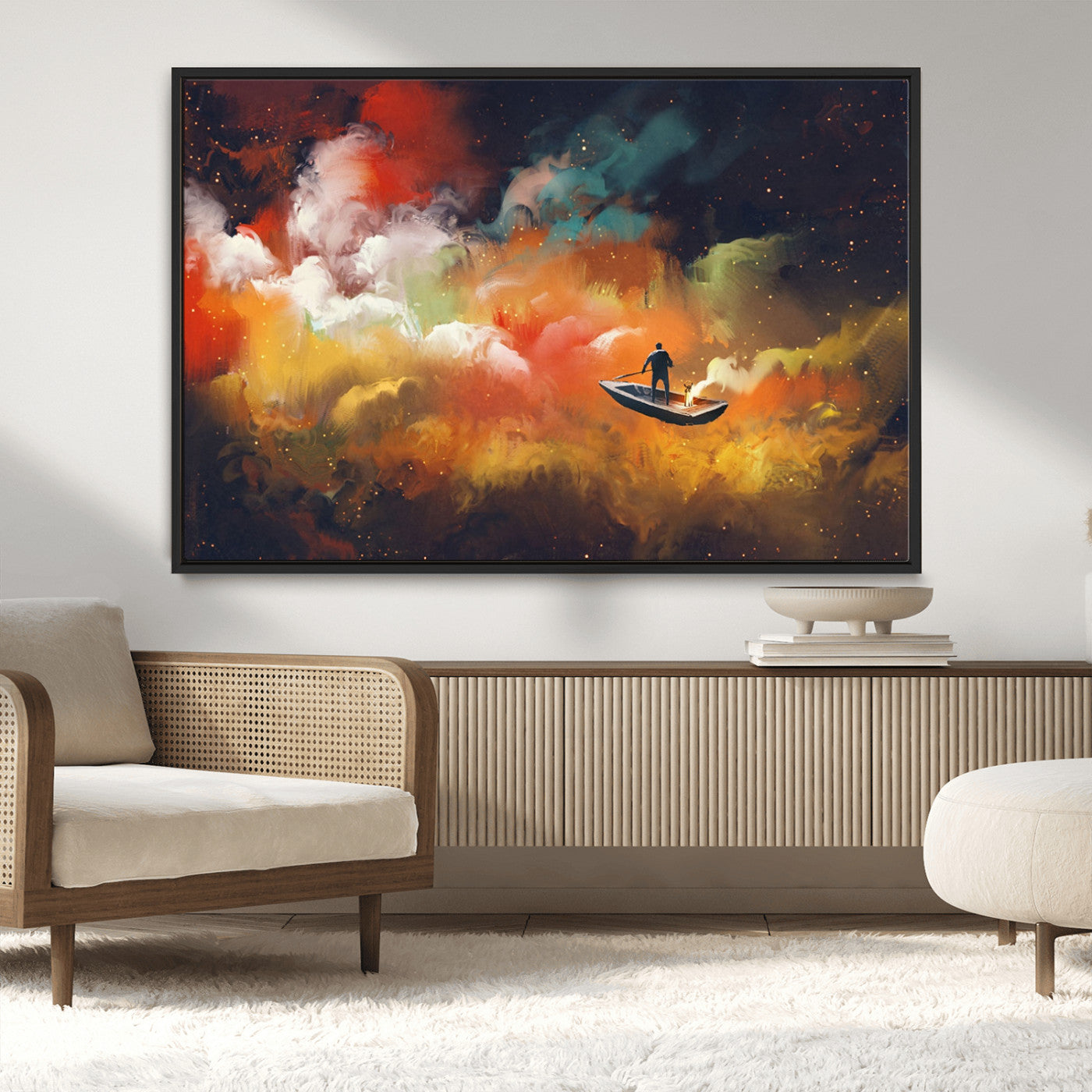 45085-MGV-CV-36X24-Surreal Cosmic Wall Art – Abstract Galaxy Dreamscape Canvas Print with Man and Dog in Boat, Fantasy Nebula Painting for Living
