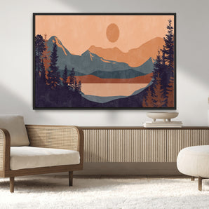 62795-MGV-CV-36X24-Minimalist Mountain Landscape Wall Art – Abstract Sunset Over Peaks and Pine Trees Canvas Print, Modern Nature Decor for Living