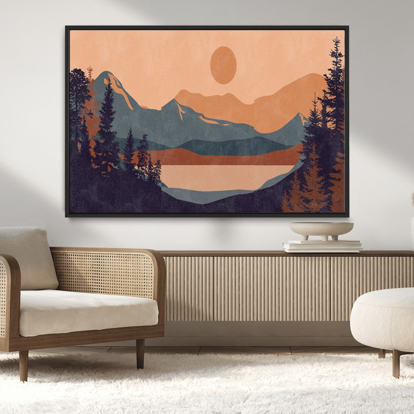 62795-MGV-CV-36X24-Minimalist Mountain Landscape Wall Art – Abstract Sunset Over Peaks and Pine Trees Canvas Print, Modern Nature Decor for Living