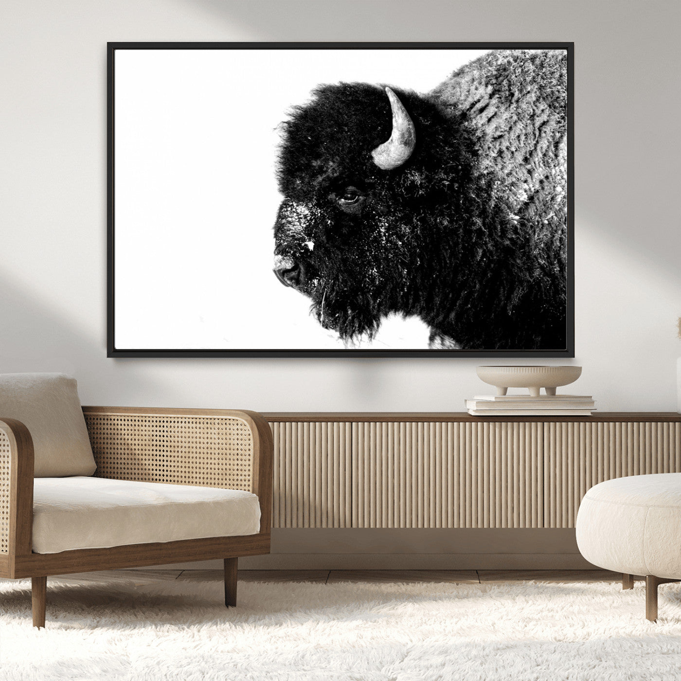 68780-MGV-CV-36X24-Bison Close-Up Wall Art – Black and White Buffalo Canvas Print, Rustic Wildlife Photography Decor for Living Room, Office, or