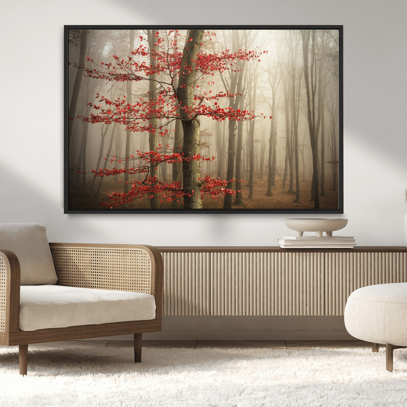 61855-MGV-CV-36X24-Misty Forest Wall Art – Red Tree with Autumn Leaves Canvas Print, Moody Woodland Nature Decor for Living Room, Bedroom, or Office